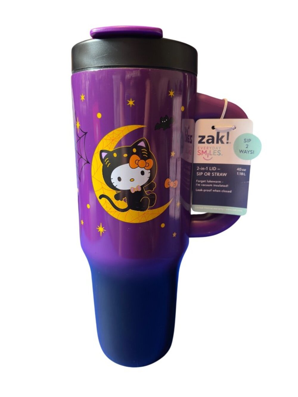Hello Kitty Halloween Zak Insulated Tumbler 40oz Purple/ Black W/ Lid & Handle
